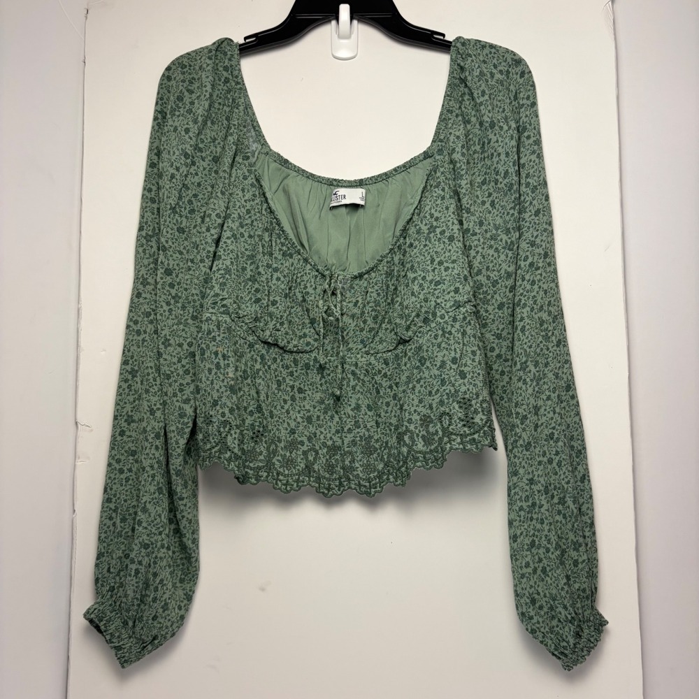 Hollister Green Floral Eyelet Hem Long‎ Sleeve Crop Top Blouse Womens Large.